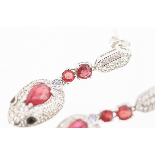 45 - Pair of Attractively Detailed Ruby and Gemset Serpent Motif Drop Earrings Mounted in Sterling Silver... 