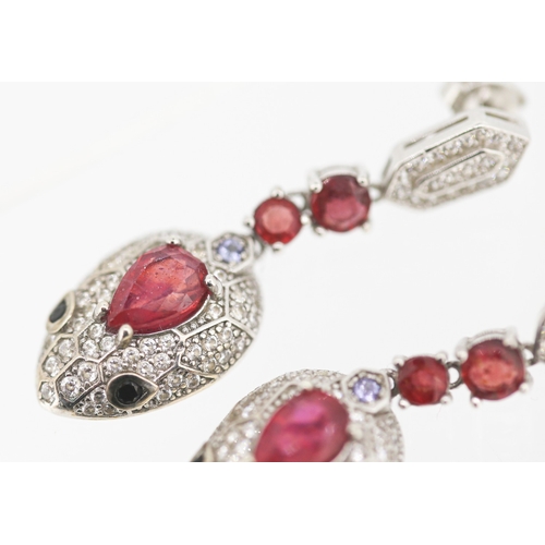 45 - Pair of Attractively Detailed Ruby and Gemset Serpent Motif Drop Earrings Mounted in Sterling Silver... 