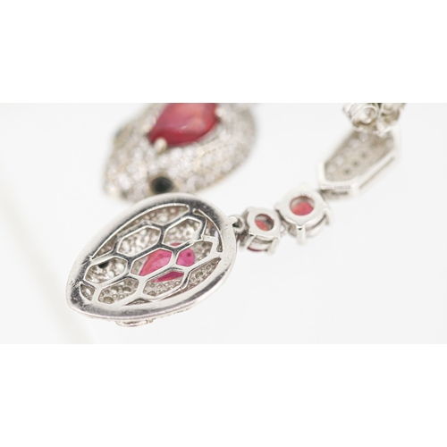 45 - Pair of Attractively Detailed Ruby and Gemset Serpent Motif Drop Earrings Mounted in Sterling Silver... 