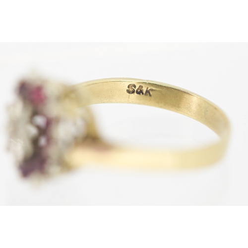 46 - Ruby Set Cluster Ring with Diamond Inset Mounted in 9 Carat Yellow Gold Ring Size N