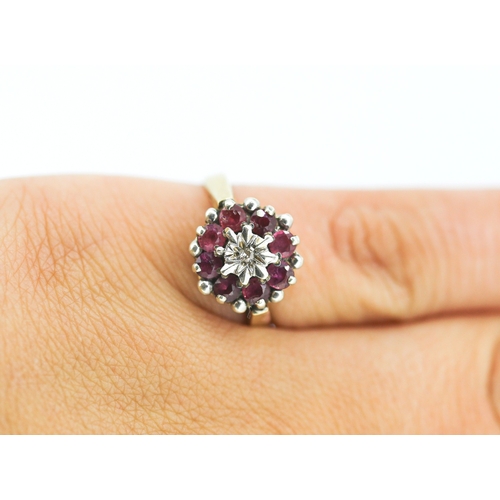46 - Ruby Set Cluster Ring with Diamond Inset Mounted in 9 Carat Yellow Gold Ring Size N