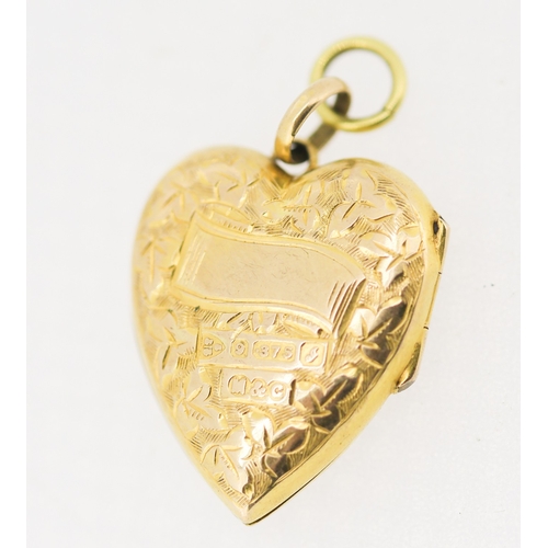 5 - Attractively Detailed 9 Carat Yellow Gold Heart Locket Pendant Incised Detailing 2cm High