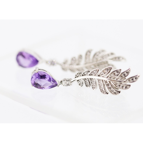 Pair of Amethyst and Gemstone Set Feather Motif Earrings Mounted in Sterling Silver 4cm Drop
