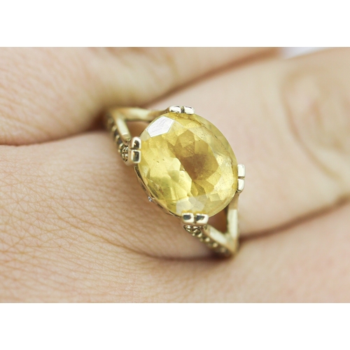 57 - Citrine Set Ring with Further Citrine and Diamond Inset to Shoulders Mounted in 9 Carat Yellow Gold ... 