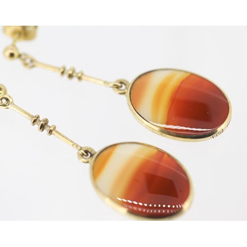58 - Pair of Attractively Detailed Bezel Set Agate Drop Earrings Mounted in 9 Carat Yellow Gold 4cm Drop