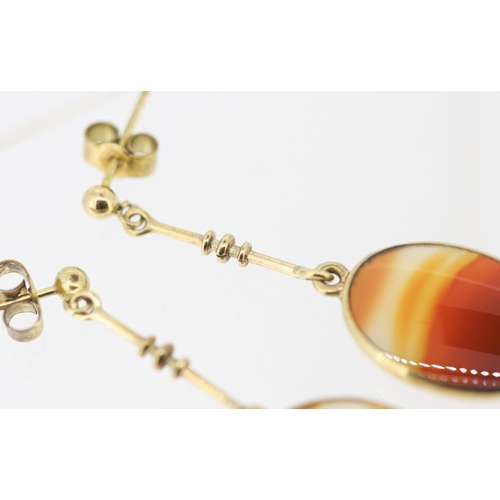 58 - Pair of Attractively Detailed Bezel Set Agate Drop Earrings Mounted in 9 Carat Yellow Gold 4cm Drop