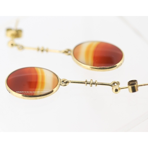 58 - Pair of Attractively Detailed Bezel Set Agate Drop Earrings Mounted in 9 Carat Yellow Gold 4cm Drop