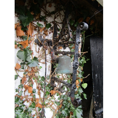 10 - Antique Wrought Iron Wall Mounted Bell Pull with Cast Brass Bell and Wrought Metal Bell Pull