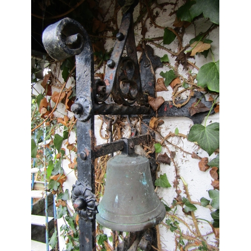 10 - Antique Wrought Iron Wall Mounted Bell Pull with Cast Brass Bell and Wrought Metal Bell Pull