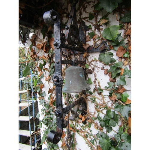 10 - Antique Wrought Iron Wall Mounted Bell Pull with Cast Brass Bell and Wrought Metal Bell Pull