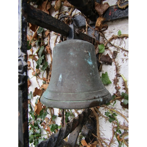 10 - Antique Wrought Iron Wall Mounted Bell Pull with Cast Brass Bell and Wrought Metal Bell Pull