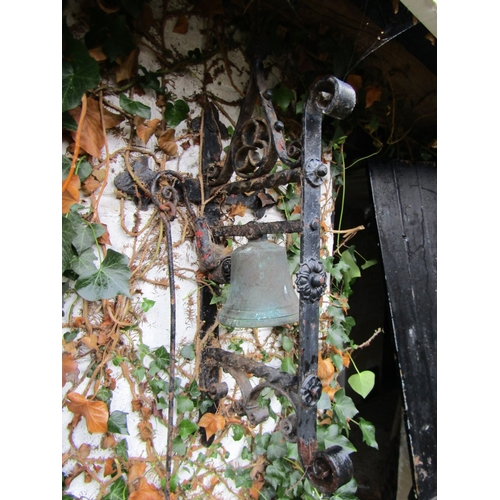 10 - Antique Wrought Iron Wall Mounted Bell Pull with Cast Brass Bell and Wrought Metal Bell Pull