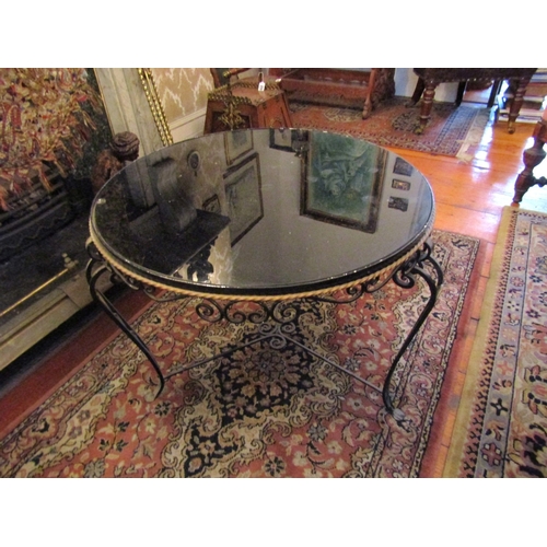 104 - Vintage Plate Glass Top Circular Form Wrought Iron Coffee or End Table Top Approximately 2ft 6 Inche... 