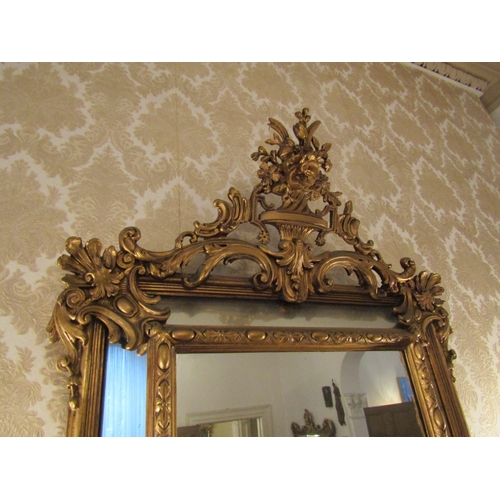 105 - Antique Gilded Wall Mirror Cartouche Upper Decoration Attractively Detailed Approximately 42 Inches ... 