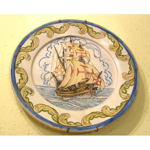 111 - Large Majolica Wall Charger Galleon at Full Sale Approximately 17 Inches Diameter