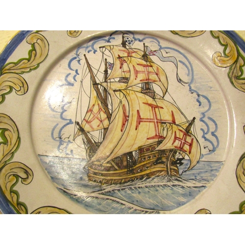 111 - Large Majolica Wall Charger Galleon at Full Sale Approximately 17 Inches Diameter