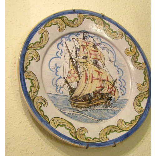 111 - Large Majolica Wall Charger Galleon at Full Sale Approximately 17 Inches Diameter