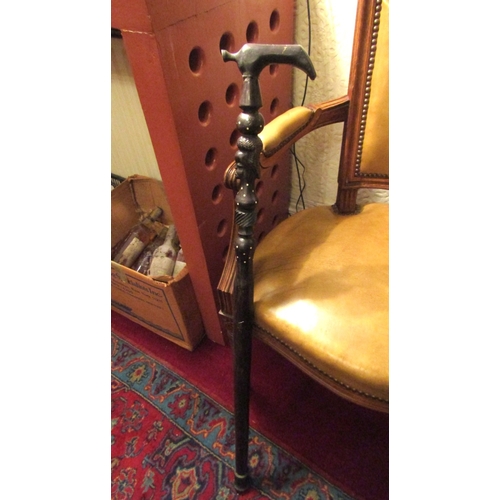 112 - Old Tribal Carved Ebony Walking Stick Figural Decoration to Shaft Full Size