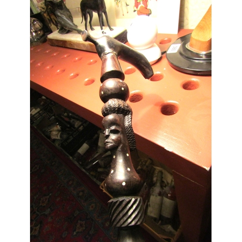 112 - Old Tribal Carved Ebony Walking Stick Figural Decoration to Shaft Full Size