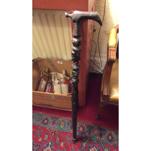 112 - Old Tribal Carved Ebony Walking Stick Figural Decoration to Shaft Full Size