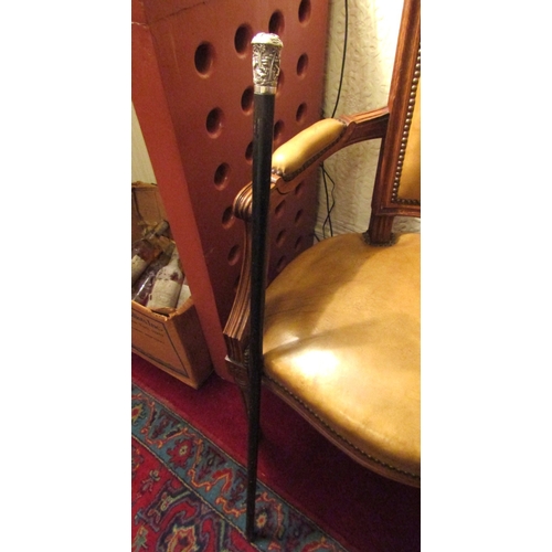113 - Antique Silver Top Walking Cane Full Size Hardwood Top Decorated with Various Hunting Scenes