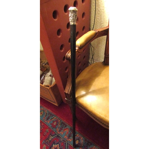 113 - Antique Silver Top Walking Cane Full Size Hardwood Top Decorated with Various Hunting Scenes