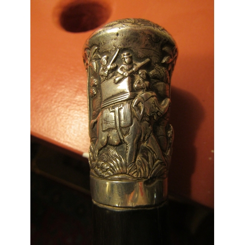 113 - Antique Silver Top Walking Cane Full Size Hardwood Top Decorated with Various Hunting Scenes