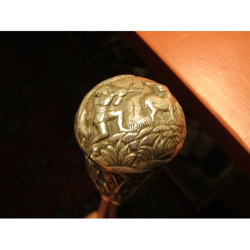 113 - Antique Silver Top Walking Cane Full Size Hardwood Top Decorated with Various Hunting Scenes