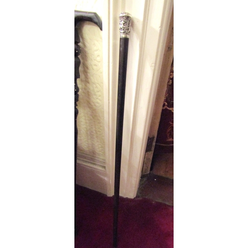 113 - Antique Silver Top Walking Cane Full Size Hardwood Top Decorated with Various Hunting Scenes
