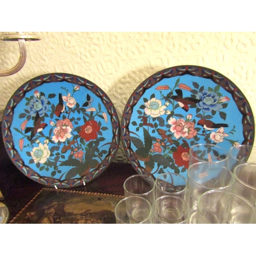 114 - Pair of Antique Cloisonne Chargers Floral and Avian Motif Decoration Each Approximately 14 Inches Di... 