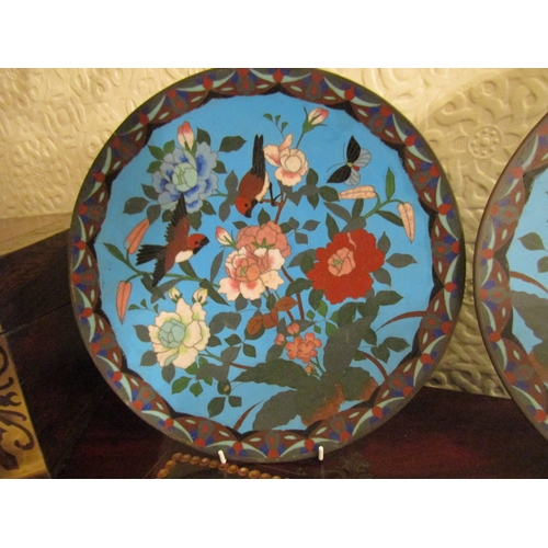 114 - Pair of Antique Cloisonne Chargers Floral and Avian Motif Decoration Each Approximately 14 Inches Di... 