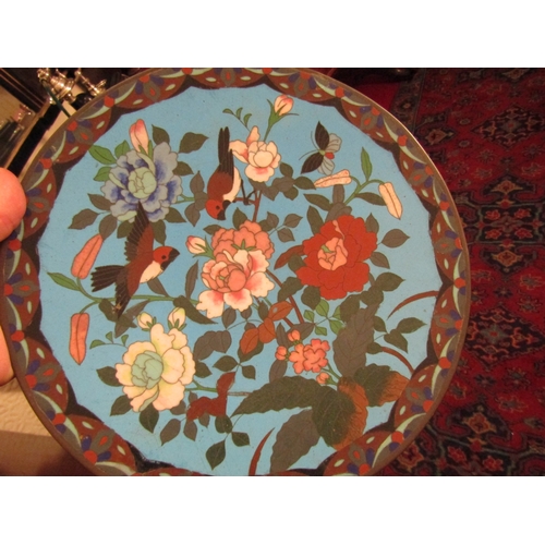 114 - Pair of Antique Cloisonne Chargers Floral and Avian Motif Decoration Each Approximately 14 Inches Di... 