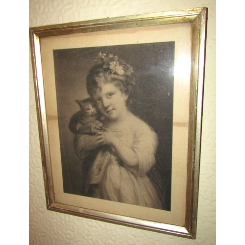 116 - Irish School Antique Engraving Girl with Kitten Contained Within Silver Gilt Frame Regency Approxima... 