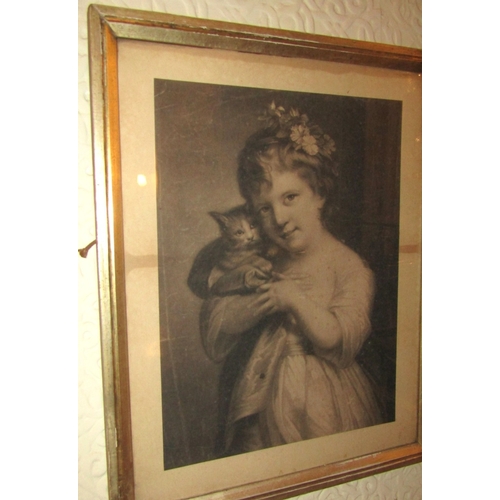 116 - Irish School Antique Engraving Girl with Kitten Contained Within Silver Gilt Frame Regency Approxima... 