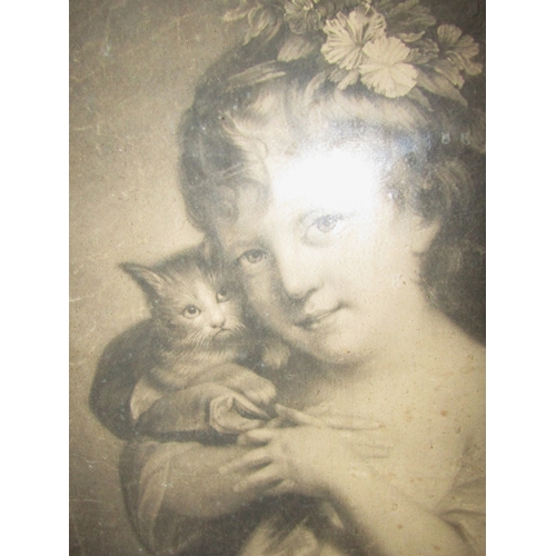 116 - Irish School Antique Engraving Girl with Kitten Contained Within Silver Gilt Frame Regency Approxima... 