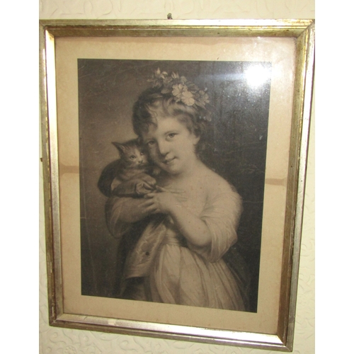 116 - Irish School Antique Engraving Girl with Kitten Contained Within Silver Gilt Frame Regency Approxima... 