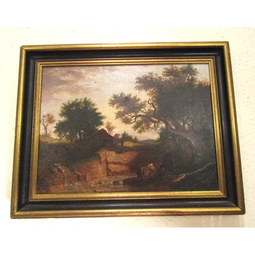 15 - Antique School Landscape Brook with Dwellings Beyond Oil on Canvas Approximately 14 Inches High x 18... 