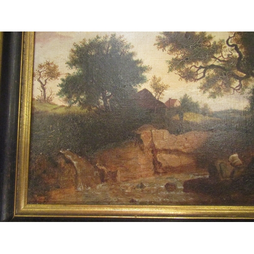 15 - Antique School Landscape Brook with Dwellings Beyond Oil on Canvas Approximately 14 Inches High x 18... 