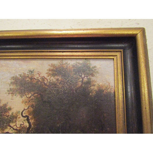 15 - Antique School Landscape Brook with Dwellings Beyond Oil on Canvas Approximately 14 Inches High x 18... 