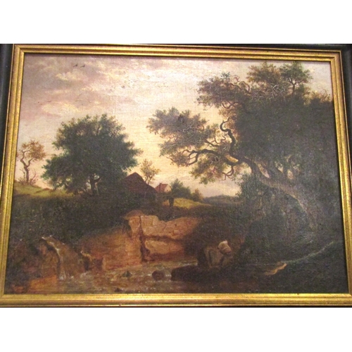 15 - Antique School Landscape Brook with Dwellings Beyond Oil on Canvas Approximately 14 Inches High x 18... 