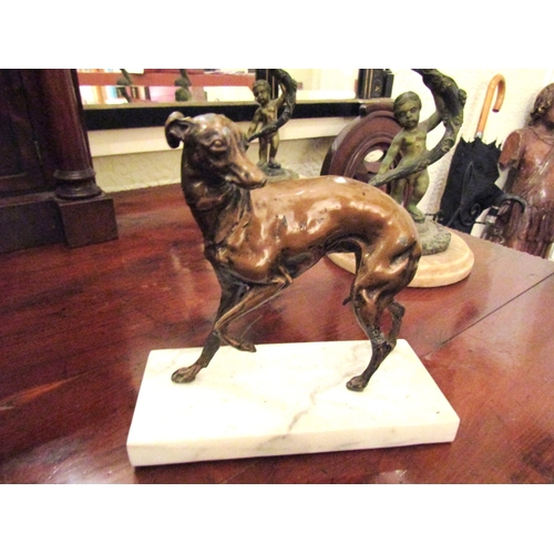 18 - Antique Bronze Sculpture Whippet Mounted on Rectangular Form Marble Base Approximately 7 Inches Wide