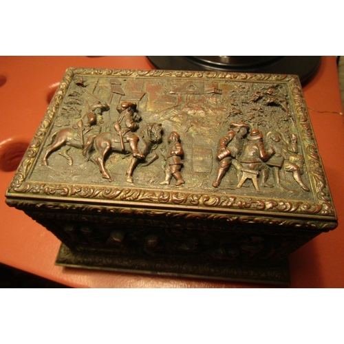 20 - Antique Bronze Jewellery Box Finely Detailed with Scenes Hinge Top Silk Lined Interior Box Approxima... 