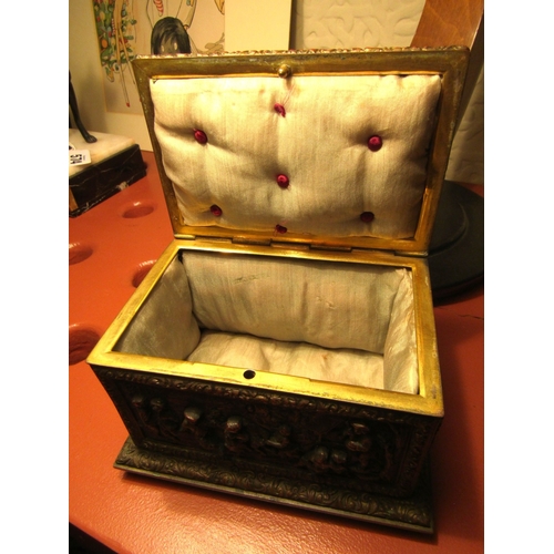 20 - Antique Bronze Jewellery Box Finely Detailed with Scenes Hinge Top Silk Lined Interior Box Approxima... 
