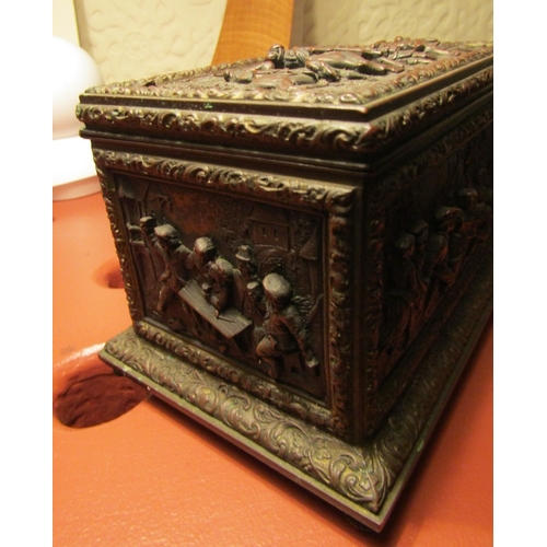 20 - Antique Bronze Jewellery Box Finely Detailed with Scenes Hinge Top Silk Lined Interior Box Approxima... 