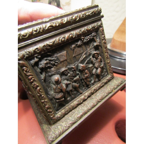 20 - Antique Bronze Jewellery Box Finely Detailed with Scenes Hinge Top Silk Lined Interior Box Approxima... 
