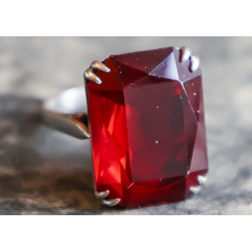 31 - Russian Ruby Emerald Cut Single Stone Ring Antique Mounted on Silver Band Size L