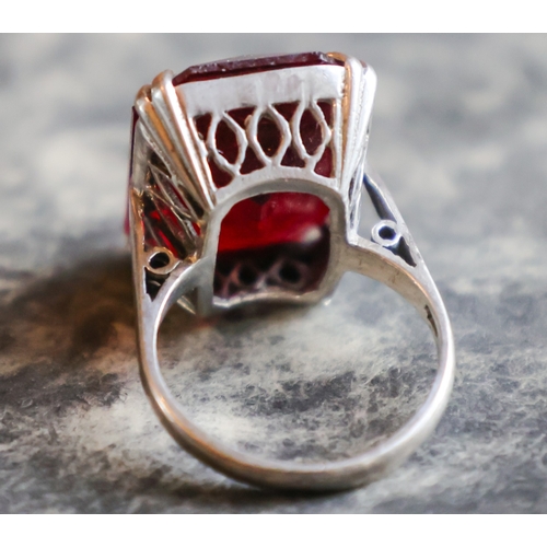 31 - Russian Ruby Emerald Cut Single Stone Ring Antique Mounted on Silver Band Size L