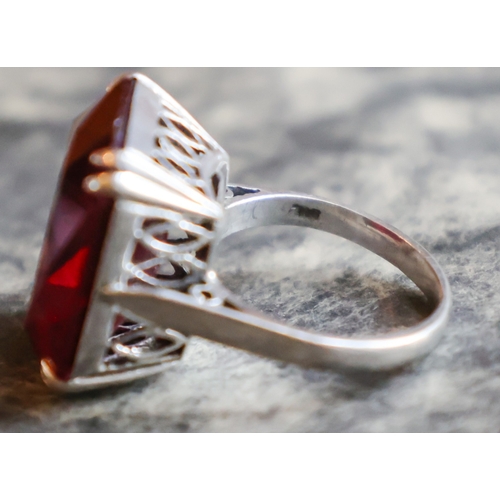 31 - Russian Ruby Emerald Cut Single Stone Ring Antique Mounted on Silver Band Size L