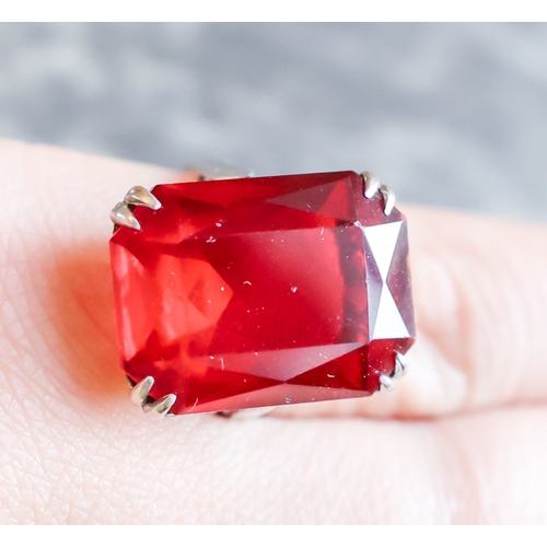 31 - Russian Ruby Emerald Cut Single Stone Ring Antique Mounted on Silver Band Size L
