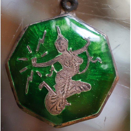 37 - Silver Overlaid Enamel Ladies Octagonal Pendant Dancing Figure Approximately 4cm Wide